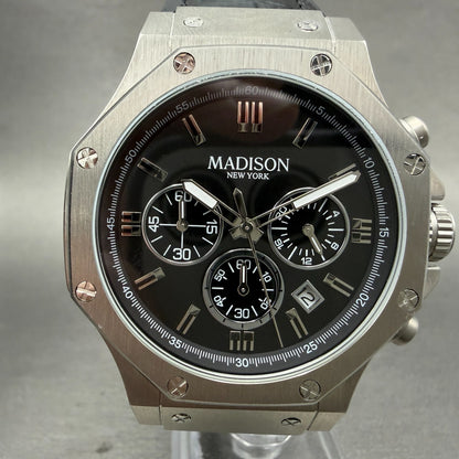 Madison New york Chronograph Watch Men 43mm Black Dial Steel Date New Battery1
