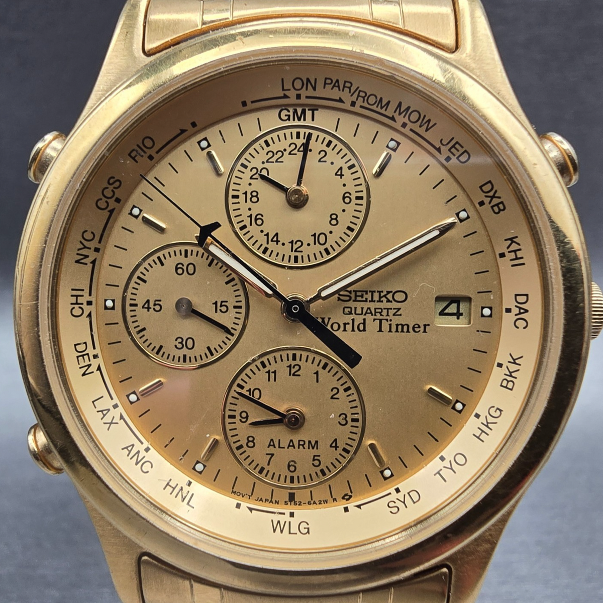 Seiko World Timer Watch Men 38mm Gold Dial Chrono Alarm Date 5T52-6A28 New Batt1