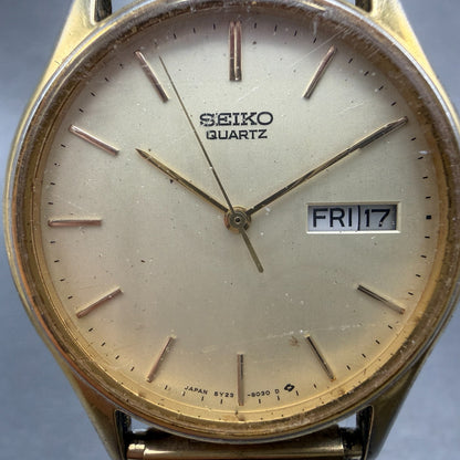 Seiko Watch Men 34mm Champagne Dial Gold Tone Round Daydate 5y23-8039 NewBatt N71