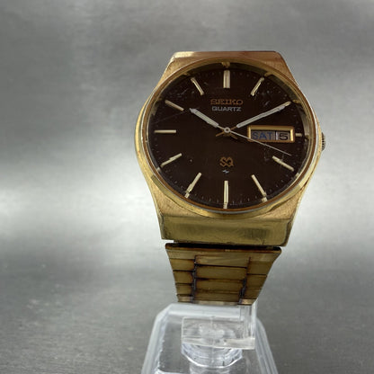 Seiko SQ Watch Men 35mm Brown Dial Gold Tone Daydate Round 7123-8339 NewBat RAED5