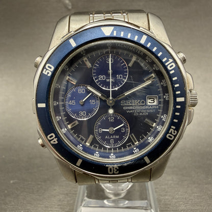 Seiko Chronograph Watch Men 40mm Blue Dial Steel Date Alarm Round New Battery H80