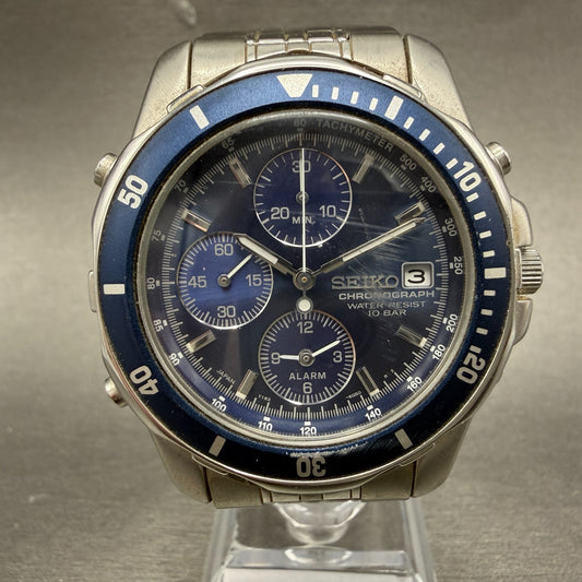 Seiko Chronograph Watch Men 40mm Blue Dial Steel Date Alarm Round New Battery H80