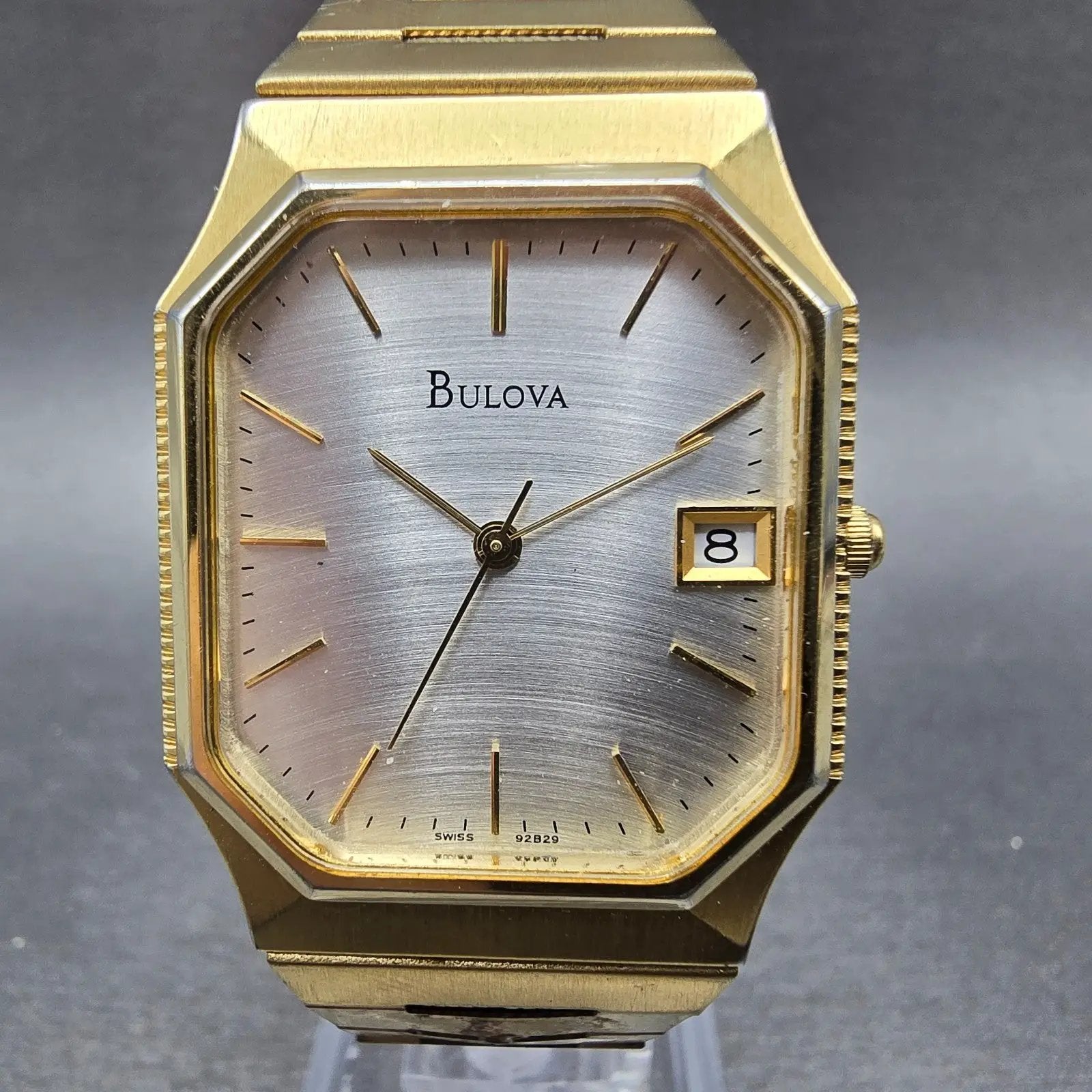Bulova Tank Watch Men 29mm Silver Dial Gold Tone Date Octagon 92B29 PARTS VTG0