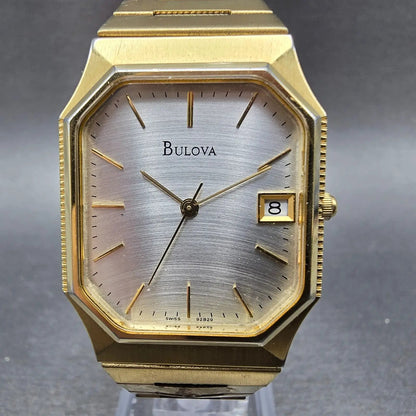 Bulova Tank Watch Men 29mm Silver Dial Gold Tone Date Octagon 92B29 PARTS VTG0