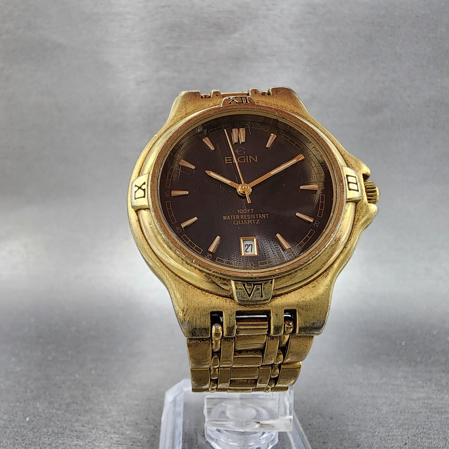 Elgin Watch Men 38mm Black Dial Gold Tone Date Round FCM004-017 New Battery
