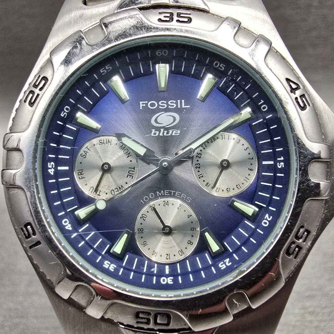 Fossil Blue Watch Men 36mm Blue Dial Silver Tone Daydate Round BQ-9185 New Batt1