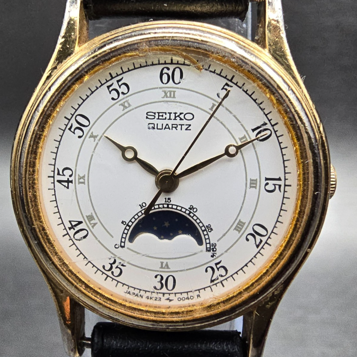 Seiko Moon Phase Watch Women 24mm White Dial Gold Round 4K22-0049 New Battery JP1