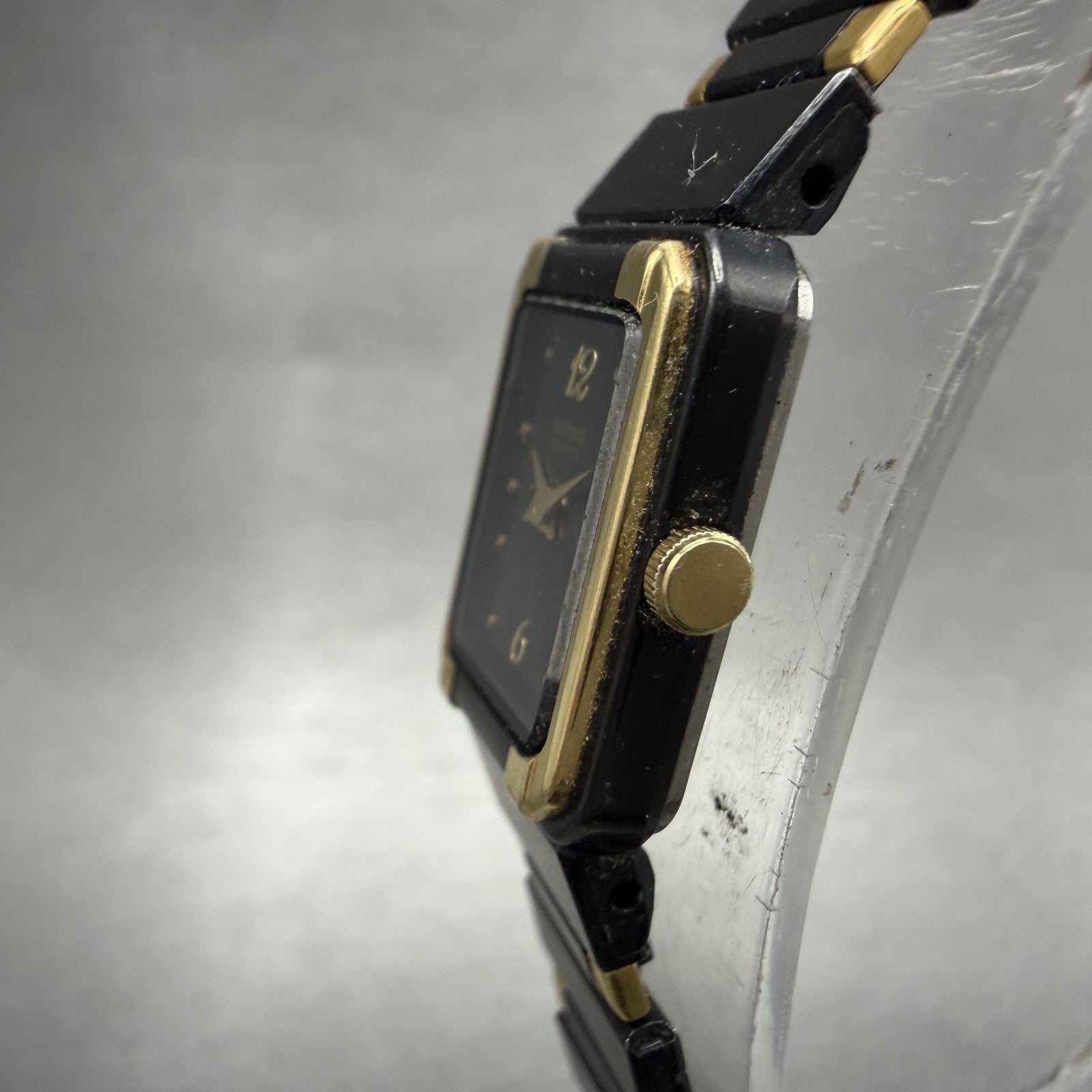 Seiko Tank Watch Women 14mm Black Dial Black & Gold Tone 2E20-5590 New Battery2