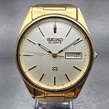 Seiko SQ Watch Men 34mm Champagne Dial Gold Tone Daydate 5H23-8A09 New Battery0