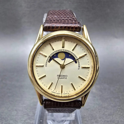 Seiko Moonphase Watch Women 25mm Champagne Dial Gold Round 2A24-0048 PARTS0