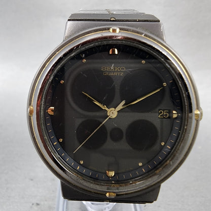 Seiko Watch Men 33mm Black Dial Black & Gold Tone Round Date 74326050 New Batt1