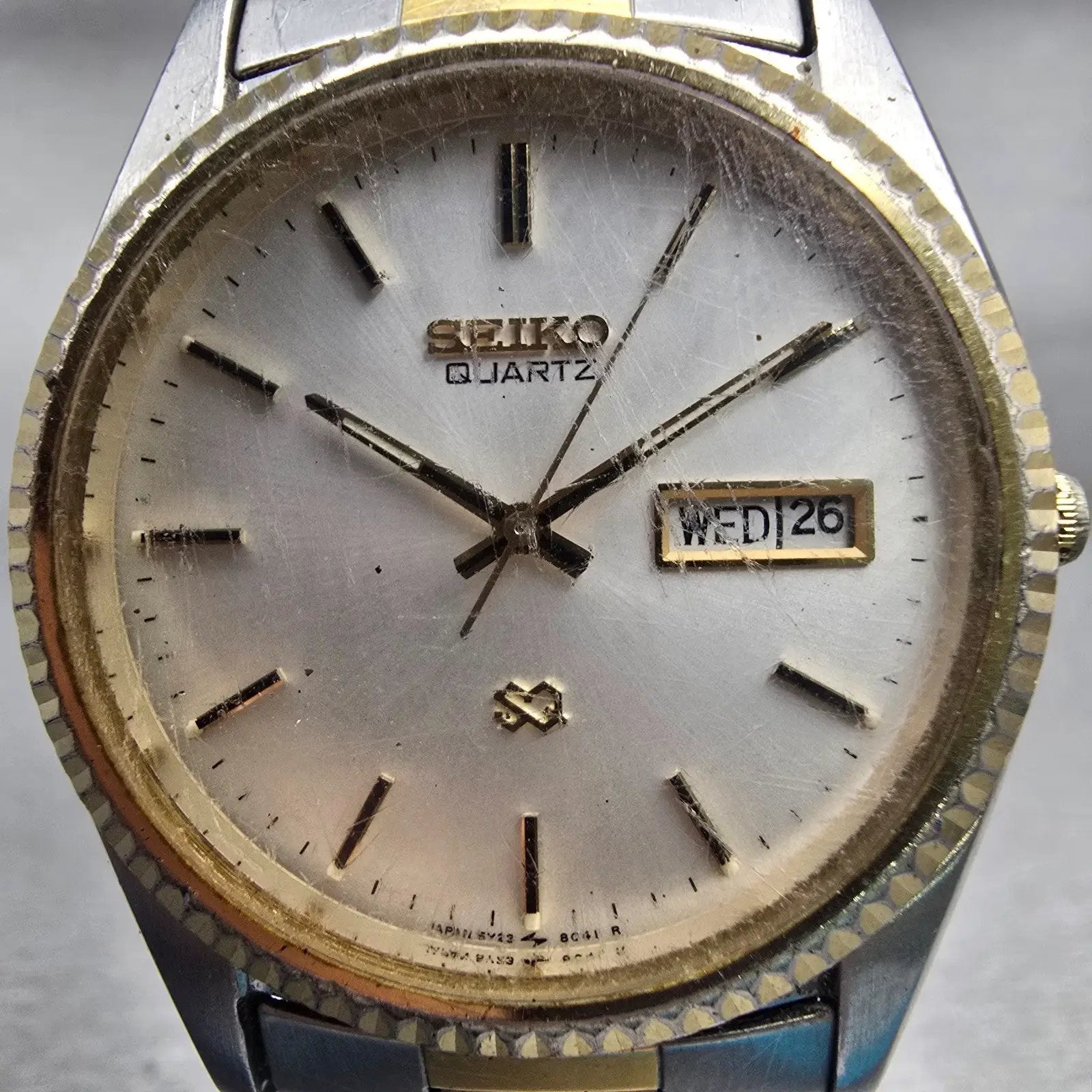Seiko President Watch Men 35mm Silver Dial Two Tone Daydate 5Y23-8A69 New Batt1