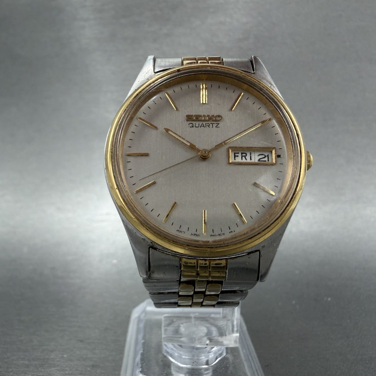 Seiko Watch Men 36mm Silver Dial Two Tone Daydate Round 7n438a30 New Battery5