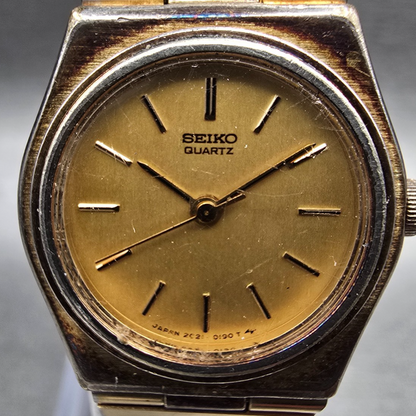 Seiko Watch Women 22mm Gold Dial Gold Round 2C21-0049 New Battery Vintage JP231