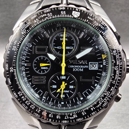 Pulsar Chronograph Watch Men 43mm Black Dial Silver Date 7T62-X041 READ!!!!!!1