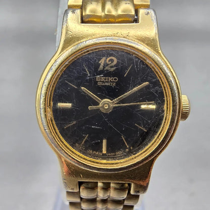 Seiko Watch Women 19mm Black Dial Gold Tone Round V401-0988 New Battery Vintage1