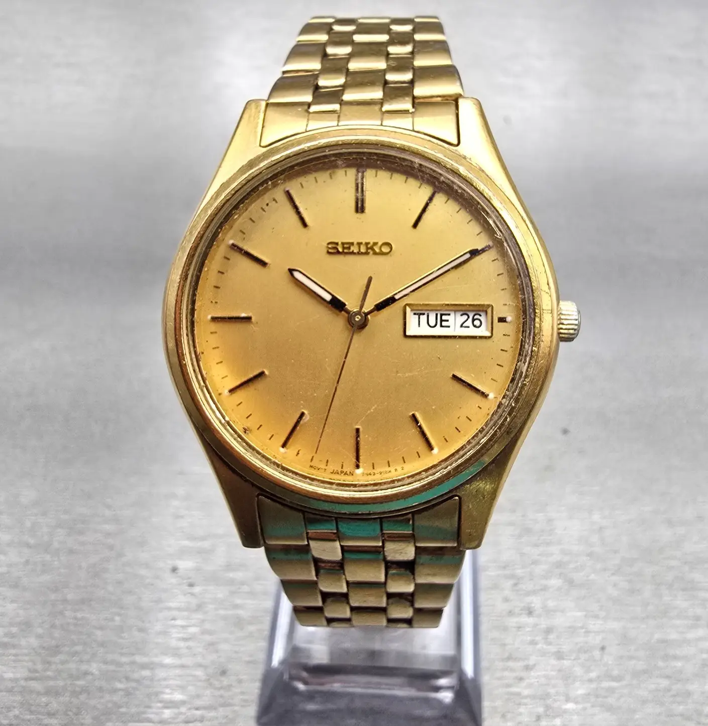 Seiko Watch Men 36mm Gold Dial Gold Tone Daydate Round 7N43-9048 New Battery VTG0