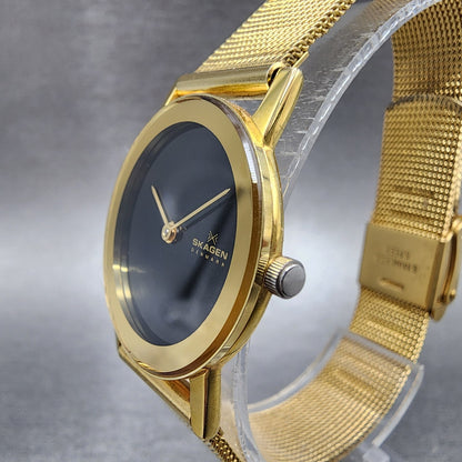 Skagen Watch Women 26mm Black Dial Gold Tone Round Mesh Band 39SGGB New Battery2