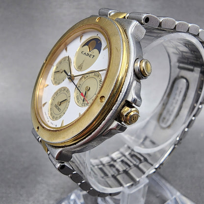 Seiko Cadet Moon Phase Watch Men 35mm White Dial Two Tone Daydate Round New Batt