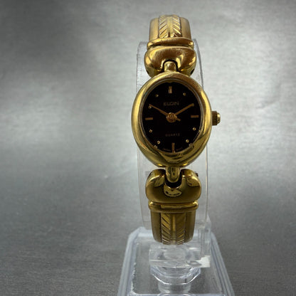 Elgin Watch Women 16mm Black Dial Gold Tone Oval ELB76-017 New Battery5