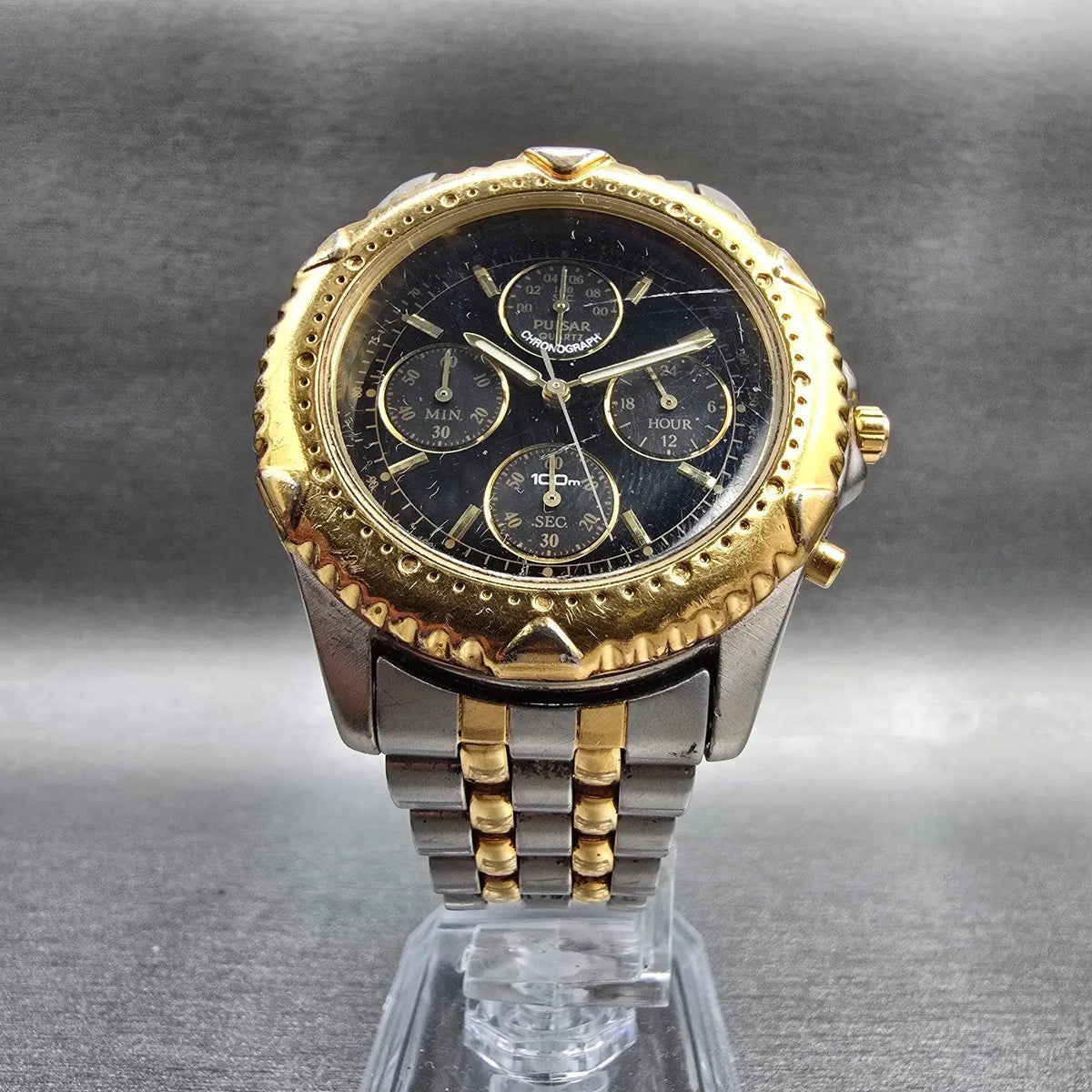 Pulsar Chronograph Watch Men 40mm Black Dial Two Tone Round V656-8000 New Batt5