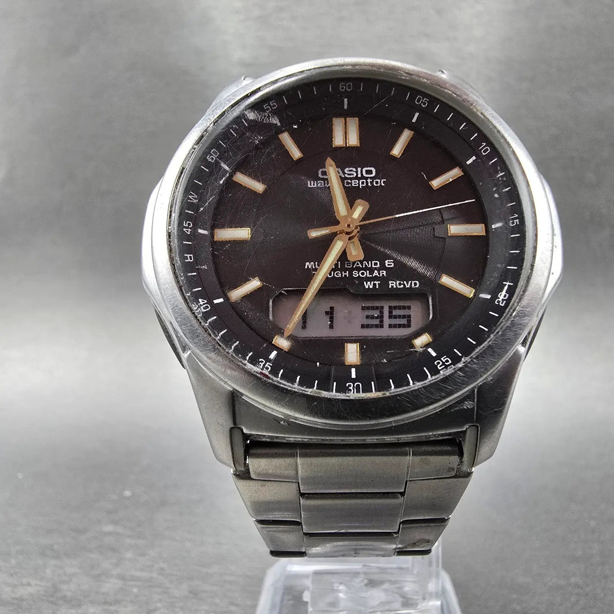 Casio Wave Ceptor Watch Men 42mm Black Dial Steel Solar Analog Digital Works JPl5