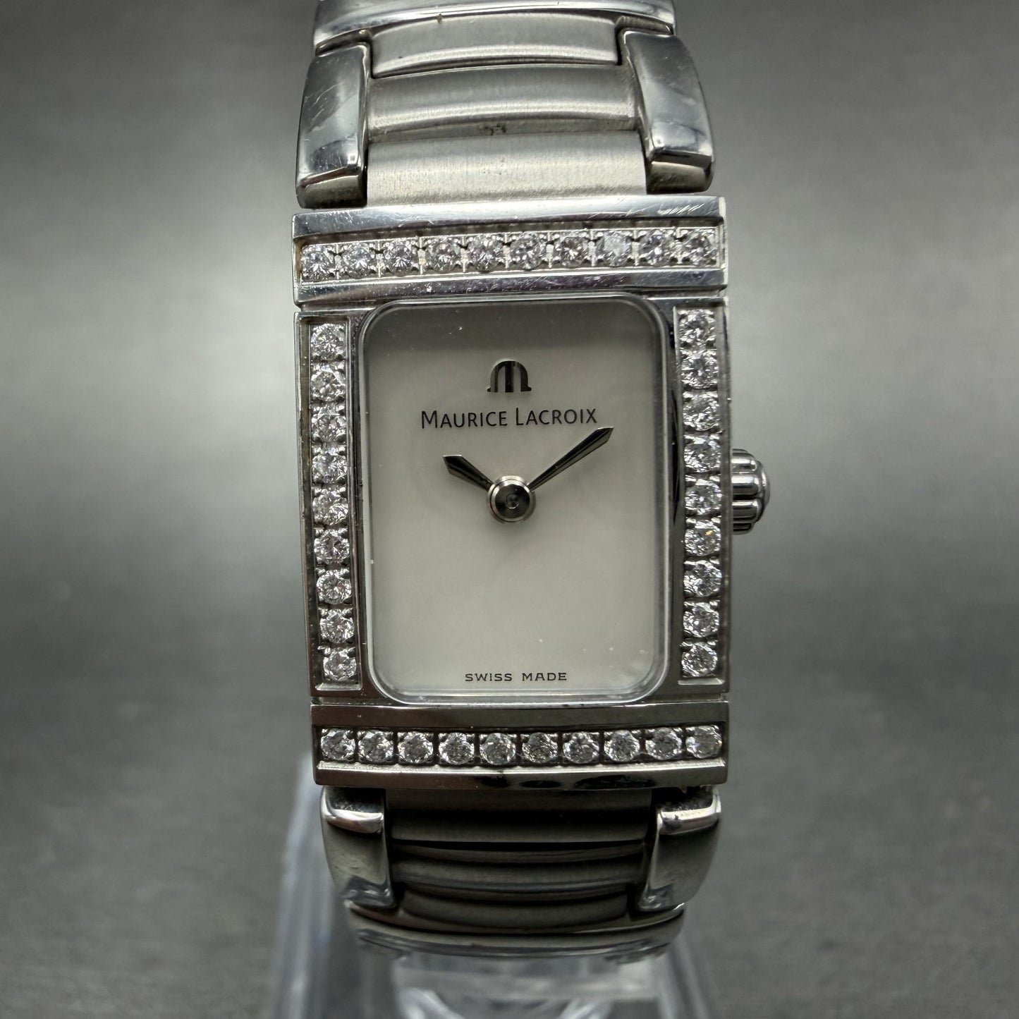 Maurice Lacroix Miros Tank Watch Women 16mm MOP Dial Steel Diamonds New Battery0