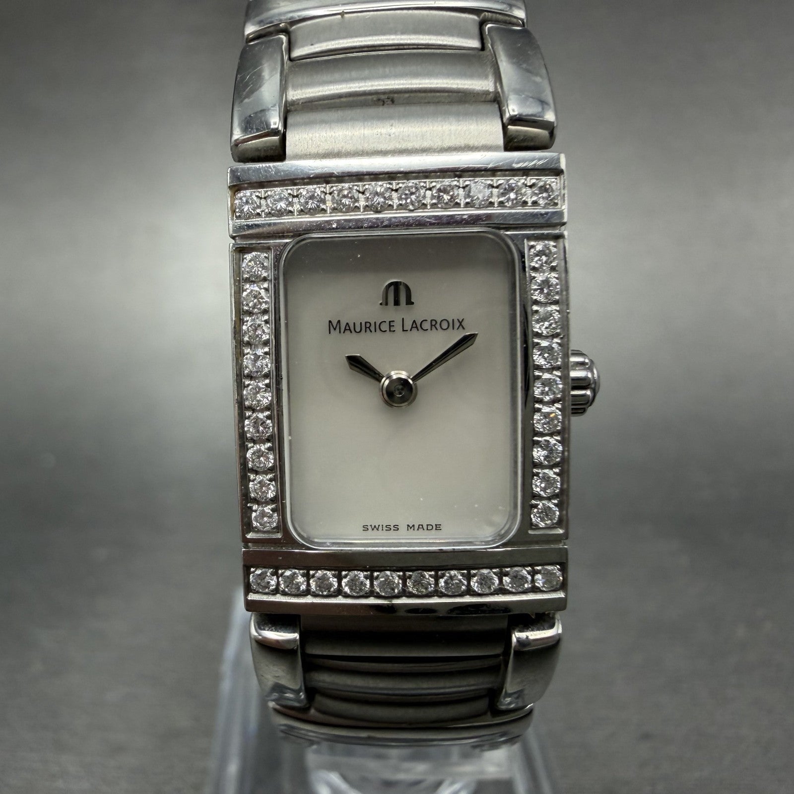 Maurice Lacroix Miros Tank Watch Women 16mm MOP Dial Steel Diamonds New Battery0