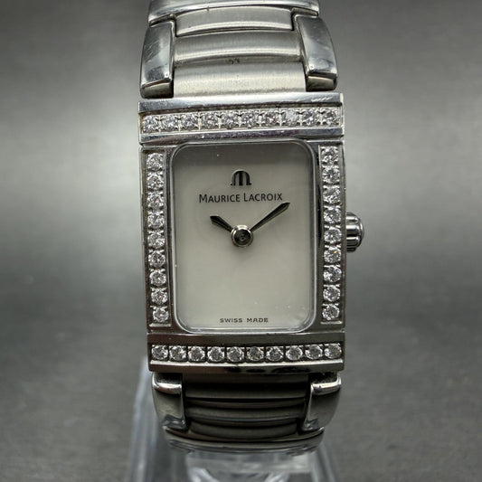 Maurice Lacroix Miros Tank Watch Women 16mm MOP Dial Steel Diamonds New Battery0