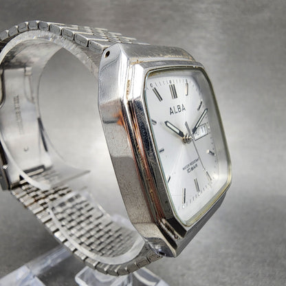 Seiko Alba Watch Men 33mm Silver Dial Silver Tone Daydate 7n33-k003 New Battery