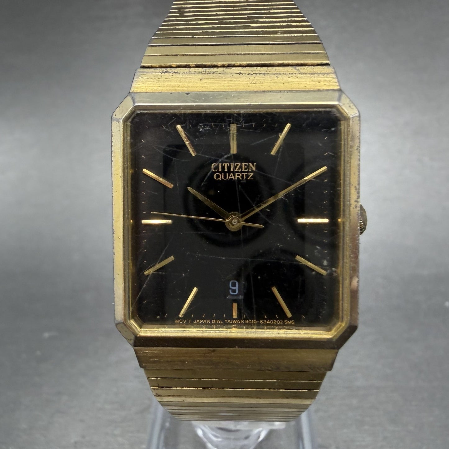 Citizen Tank Watch Men 25mm Black Dial Gold Tone Date 6010-S06304 PARTS0