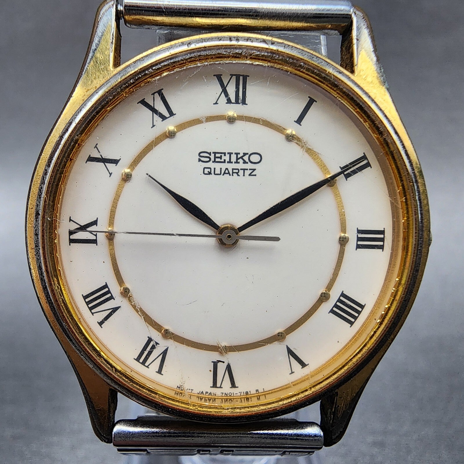 Seiko Watch Men 32mm White Dial Gold Tone Round 7N017041 New Battery VTG1