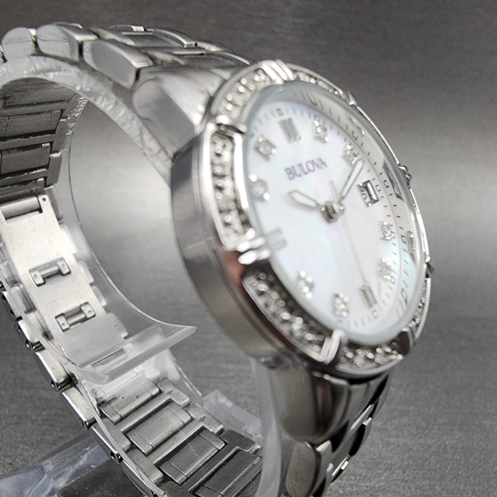 Bulova Watch Women 26mm MOP Dial Steel Diamond Bezel Date Round 96R105 NewBat3