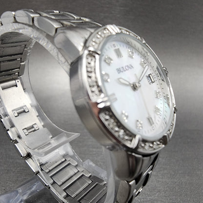 Bulova Watch Women 26mm MOP Dial Steel Diamond Bezel Date Round 96R105 NewBat3