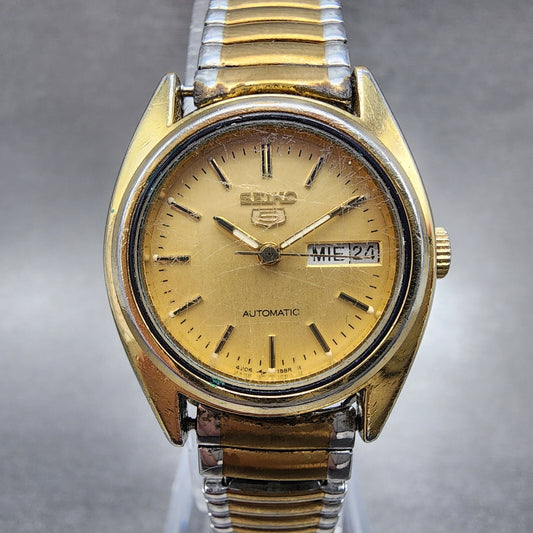 Seiko 5 Automatic Watch Women 24mm Gold Dial Gold Tone Daydate Round Runs0
