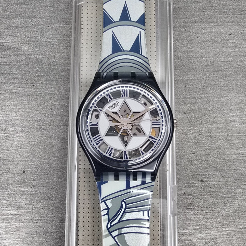 Swatch Decoscraper Watch Men 34mm Silver Dial Black Case GP109 New Battery NOS0