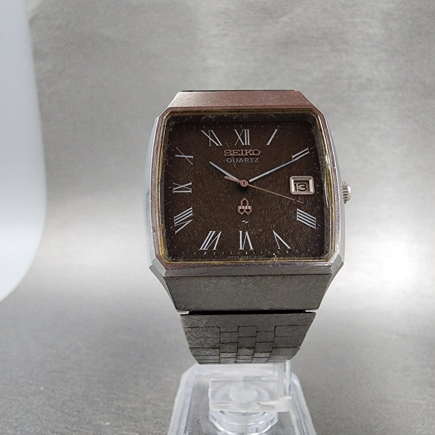 Seiko Watch Men 33mm Brown Dial Silver Tone Date Rectangle 0842-5010 New Battery