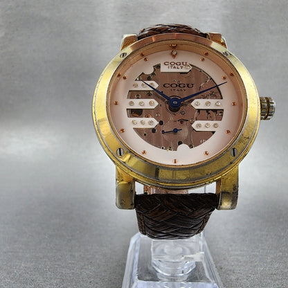 COGU Skeleton Watch Men 42mm Skeleton Dial Gold Tone Automatic Leather Band Runs