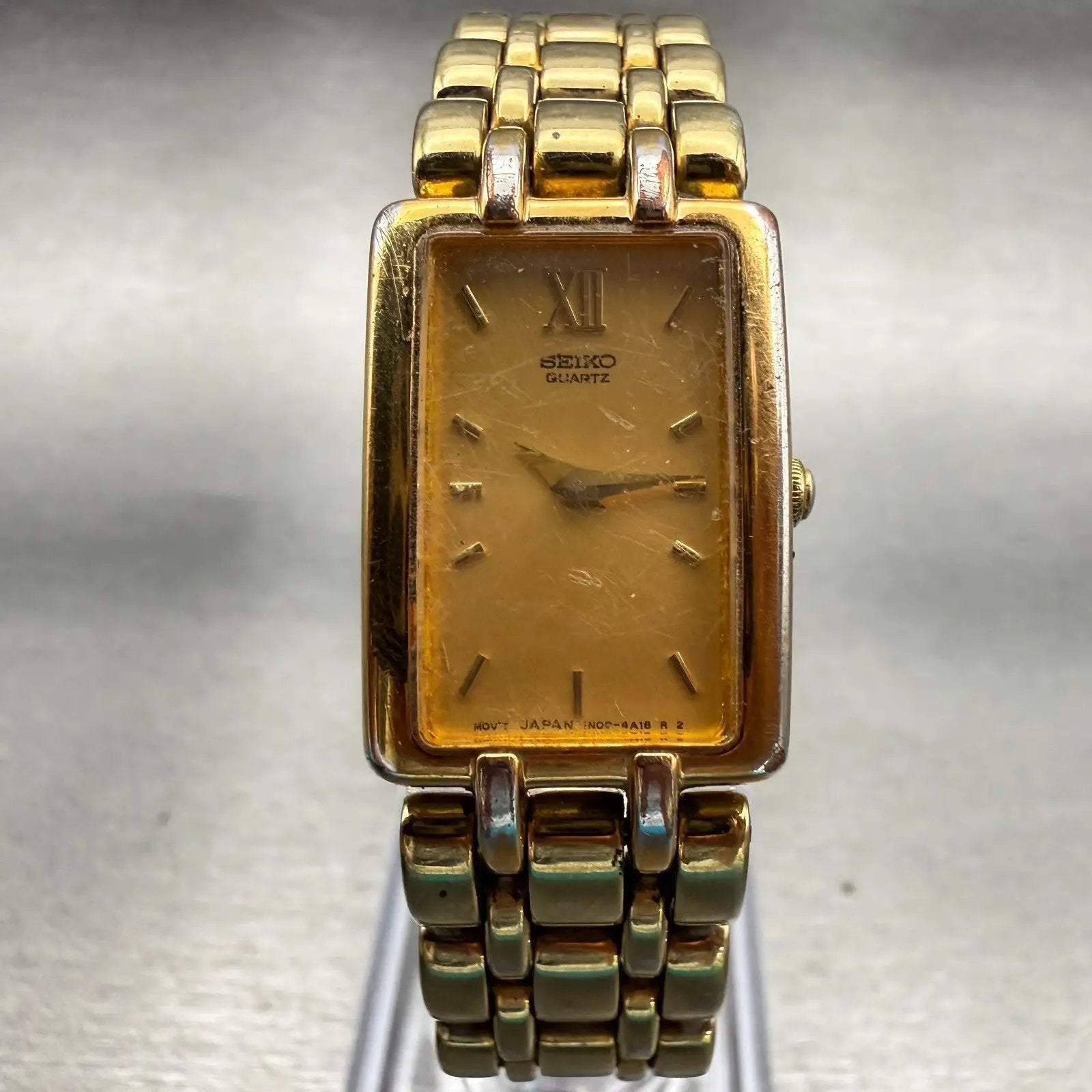 Seiko Watch Women 17mm Gold Dial Gold Tone Rectangle 1N00-6B79 New Battery VTG0