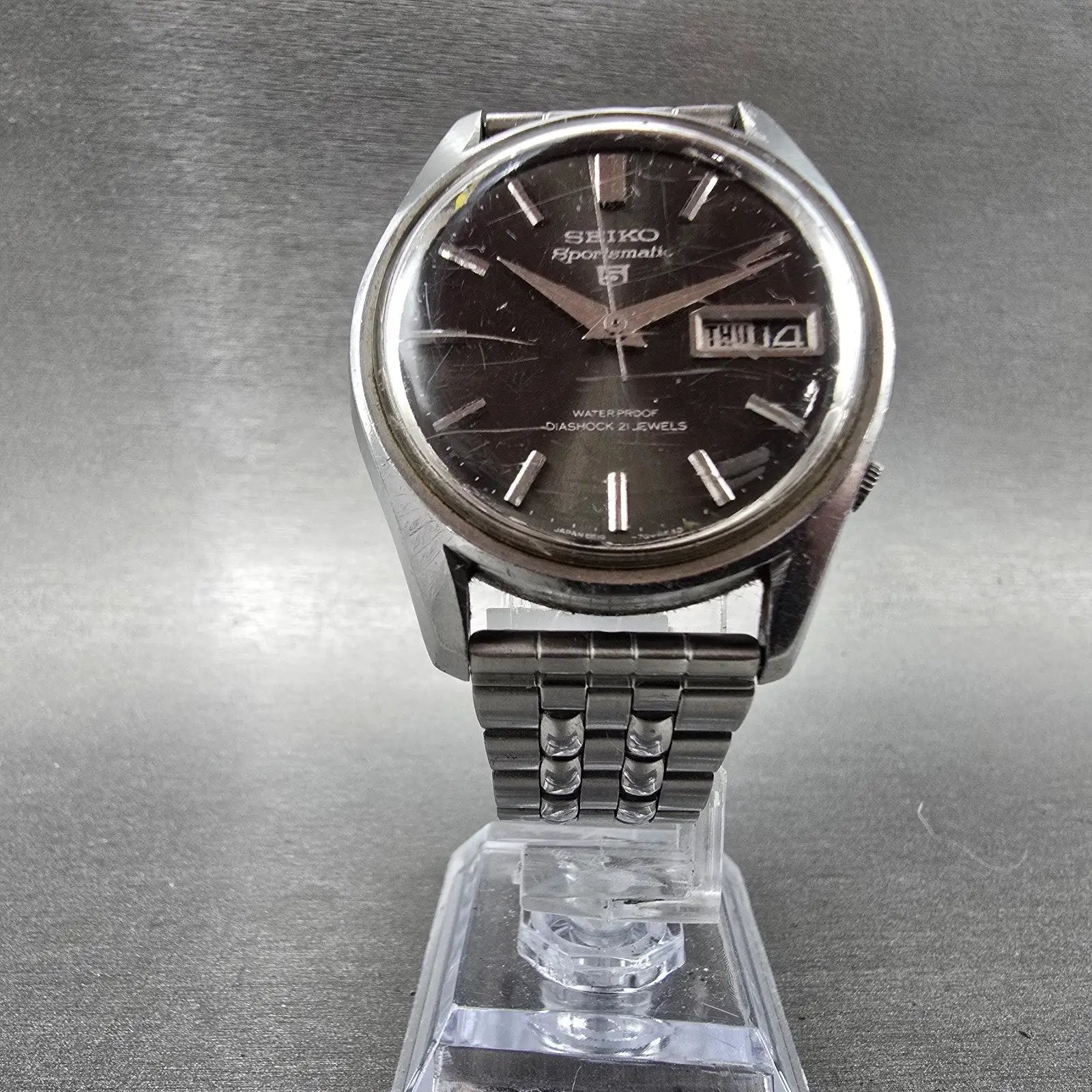Seiko 5 Sportsmatic Watch Men 36mm Black Dial Silver Tone Daydate 6619-7070 Runs5