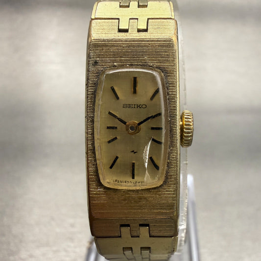 Seiko Tank Watch Women 12mm Champagne Dial Gold Tone Rectangle 1520-3339 Works0