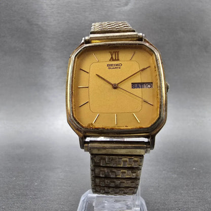 Seiko Watch Men 30mm Gold Dial Gold Tone Rectangle 7433-5009 PARTS Vintage6