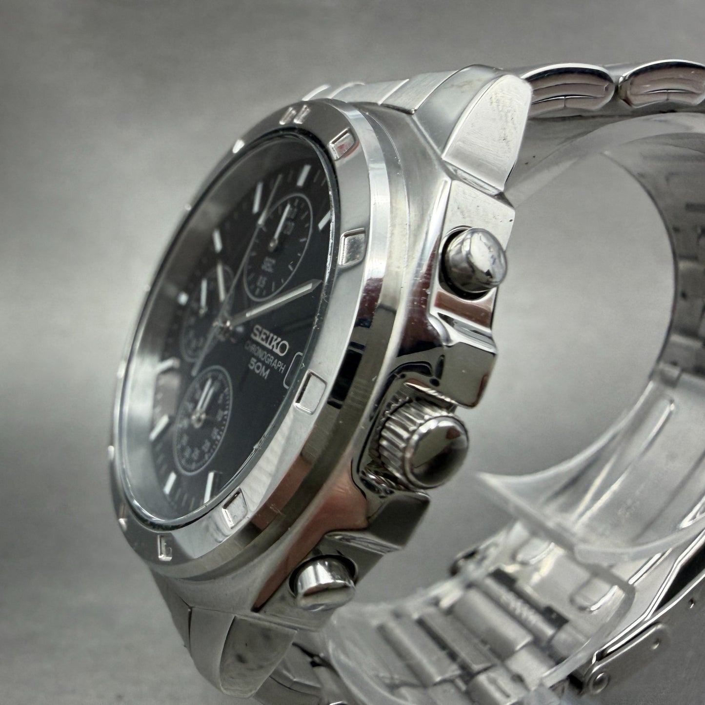 Seiko Chronograph Watch Men 39mm Black Dial Silver Tone Date 7t92-0ca0 New Batt2
