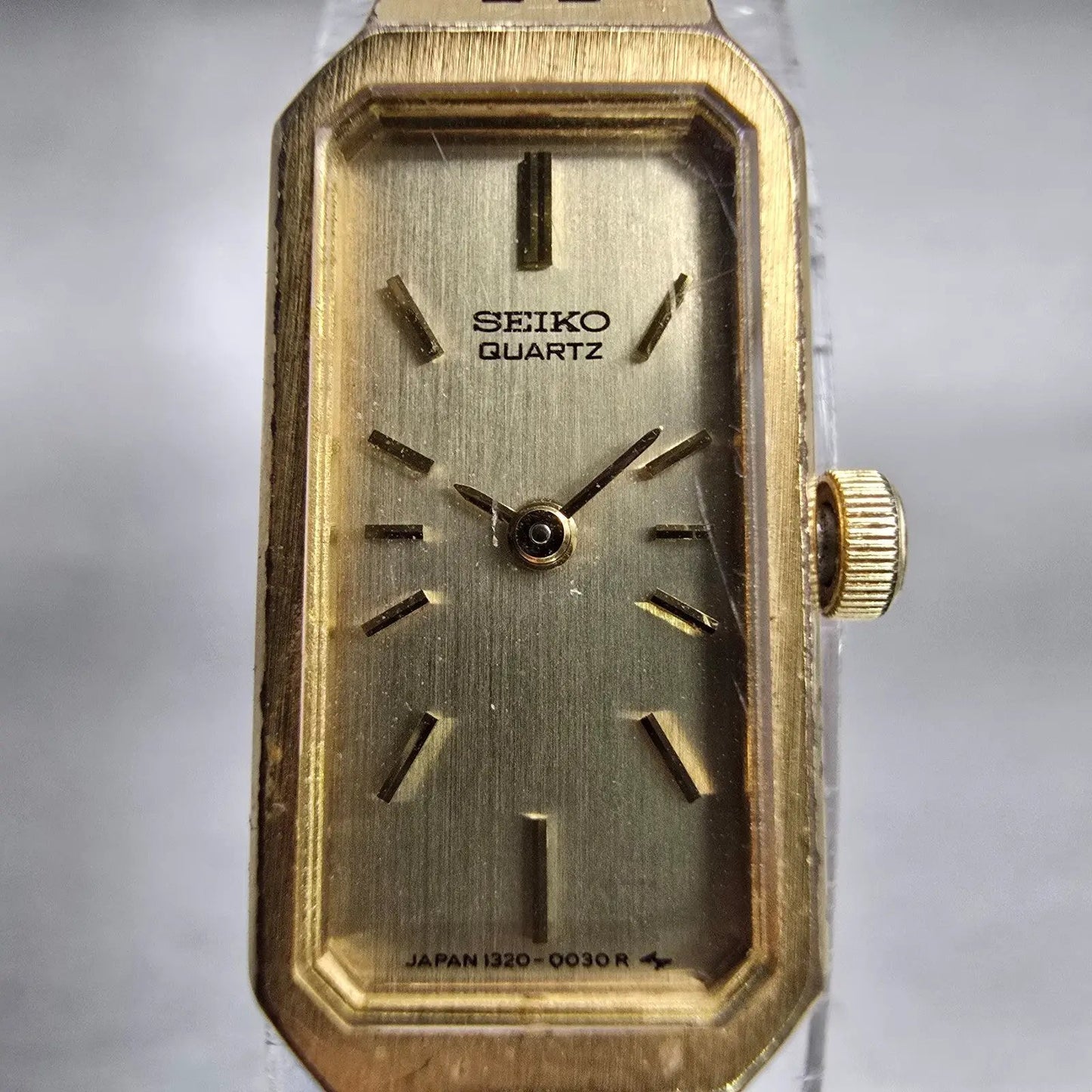 Seiko Watch Women 12mm Gold Dial Gold Tone Rectangle 1320-5029 New Battery VTG F1