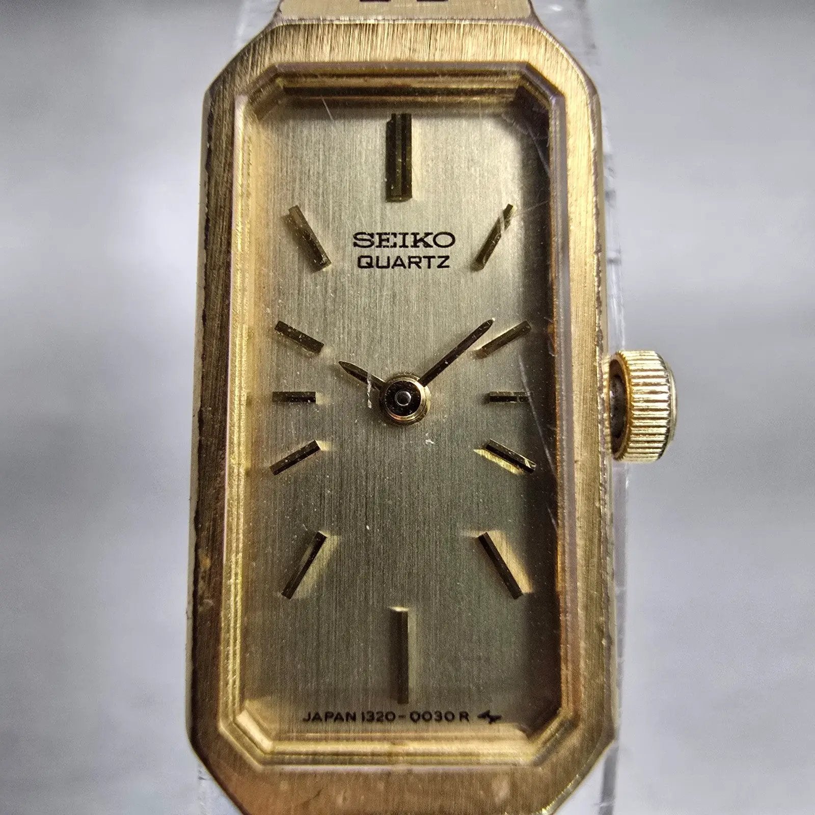 Seiko Watch Women 12mm Gold Dial Gold Tone Rectangle 1320-5029 New Battery VTG F1