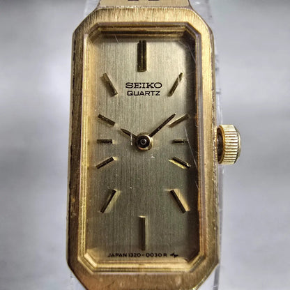 Seiko Watch Women 12mm Gold Dial Gold Tone Rectangle 1320-5029 New Battery VTG F1
