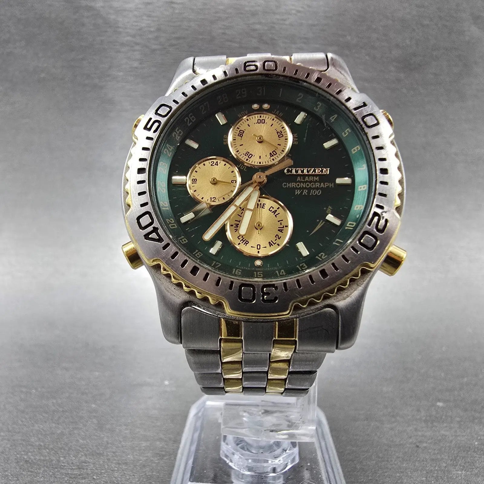 Citizen Chronograph Watch Men 39mm Green Dial Two Tone 6850-G81406 PARTS VTG6