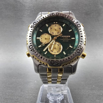 Citizen Chronograph Watch Men 39mm Green Dial Two Tone 6850-G81406 PARTS VTG6