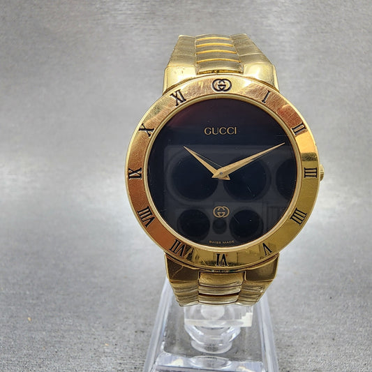 Gucci 3300M Watch Men 33mm Black Dial Gold Plated Round New Battery0