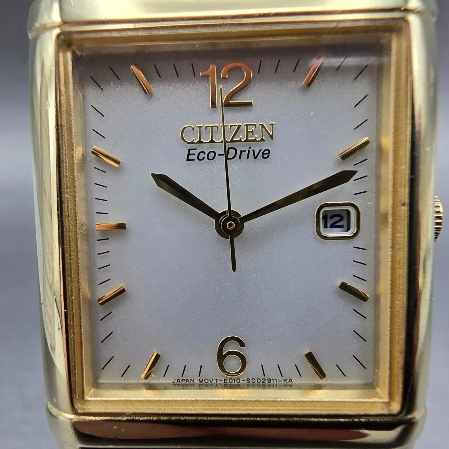 Citizen Eco-Drive Tank Watch Men 25mm Silver Dial Gold Tone Rectangle Date Runs1